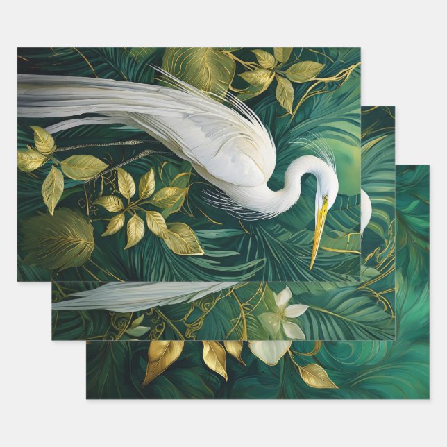 White Cranes & Gardenias, Coconut Grove Wrapping Paper Sheet (Set)