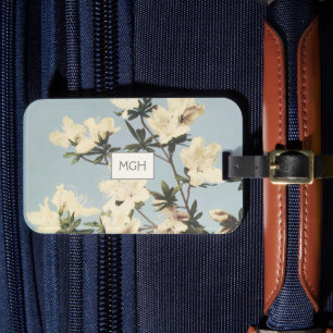 White Cream Azalea Flowers Monogram Luggage Tag