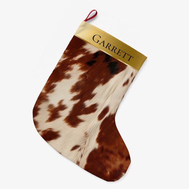 White Cream Brown Southwest Cowhide Name Large Christmas Stocking (Front (Hanging))
