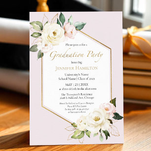 White Cream & Dusty Pink Floral Graduation Party Invitation