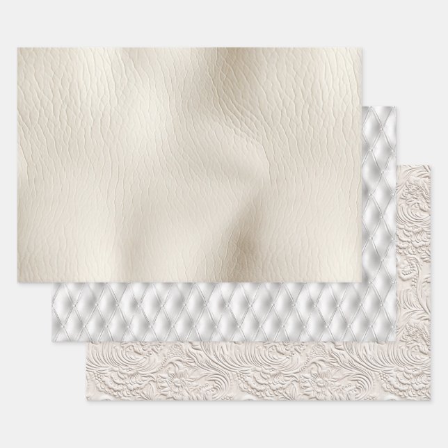 White Cream Faux Leather Wedding   Wrapping Paper Sheet (Set)