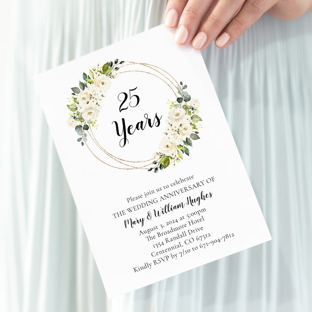 White Cream Floral 25th Wedding Anniversary Invitation (Creator Uploaded)