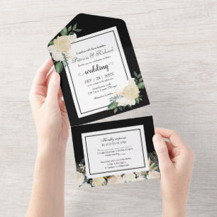 White Cream Floral On Black Elegant Wedding All In One Invitation