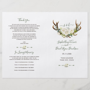 White Cream Flowers Antlers Wedding Program
