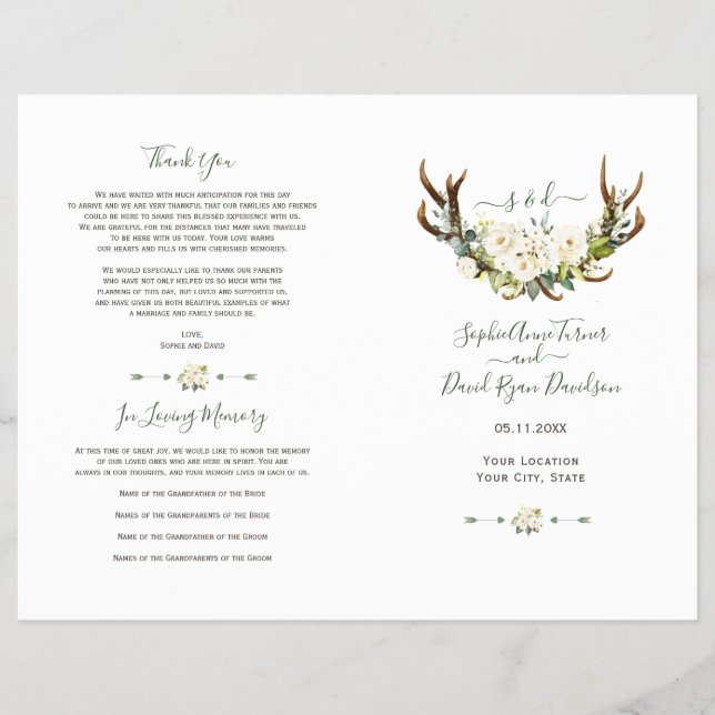White Cream Flowers Antlers Wedding Program (Front)