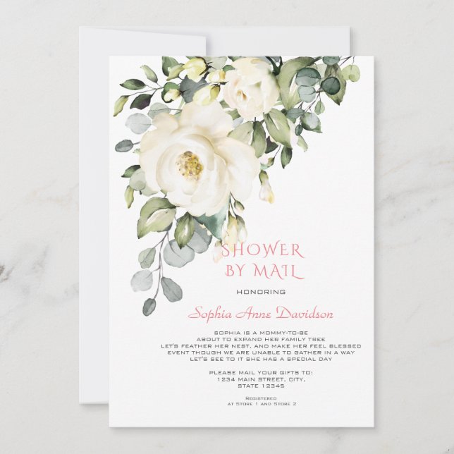 White Cream Flowers Baby Shower By Mail Invitation (Front)