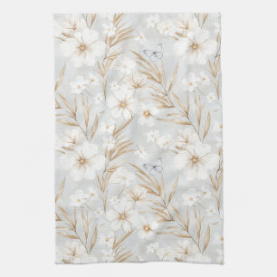 White Cream Flowers Blue Butterflies Bridal Shower Kitchen Towel