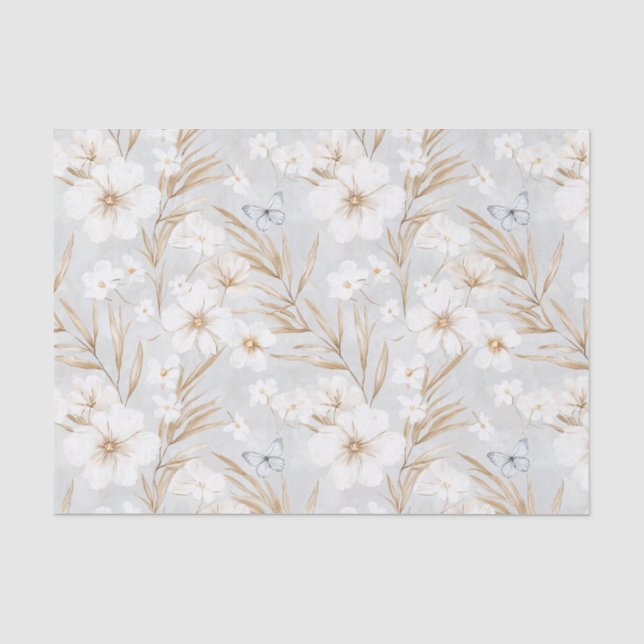 White Cream Flowers Blue Butterflies Bridal Shower Tissue Paper (Front)
