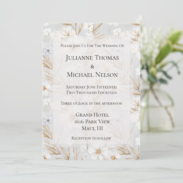 White Cream Flowers Blue Butterflies Wedding Invitation (Standing Front)