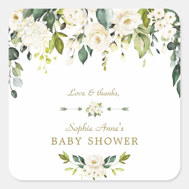 White Cream Flowers Gold Baby Shower Square Sticker (Front)