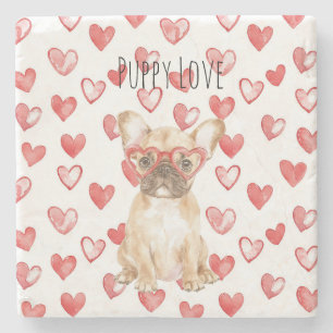 White Cream French Bulldog Red Hearts Stone Coaster
