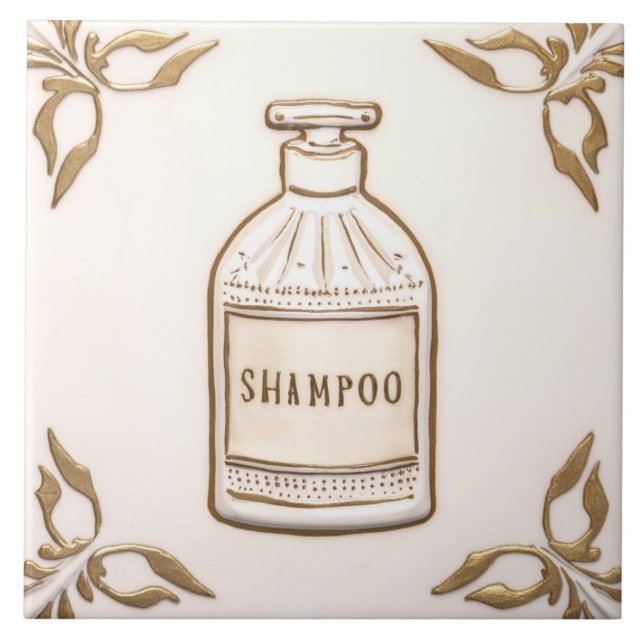 White Cream & Gold Shampoo Bottle Funny Bathroom Tile (Front)