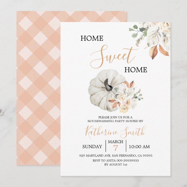 White Cream Pumpkin Floral Housewarming Party Invitation (Front/Back)