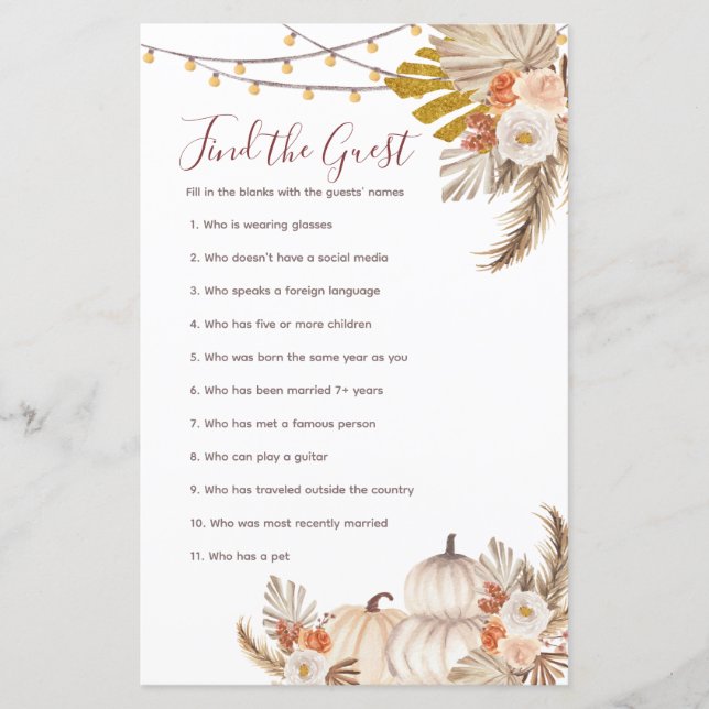 White Cream Pumpkin Rustic Find the Guest game (Front)