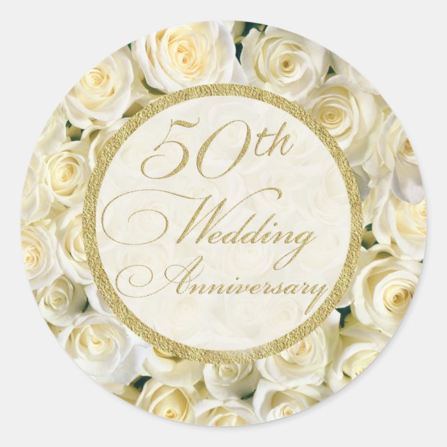 White cream roses 50th Wedding Anniversary Classic Round Sticker (Front)