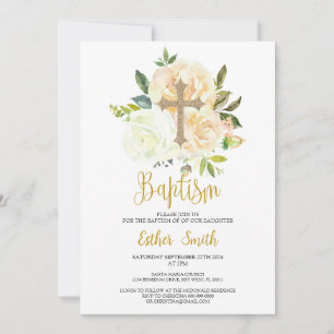 White Cream roses Baptism Invitation