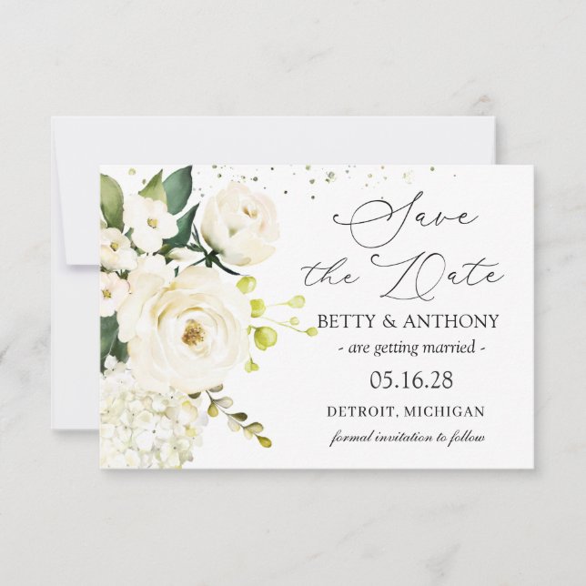 White Cream Roses Hydrangea Wedding Save the Date  (Front)