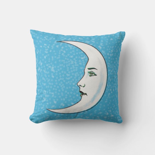 White Crescent Moon Face Black Lips Stars Blue Outdoor Pillow (Front)