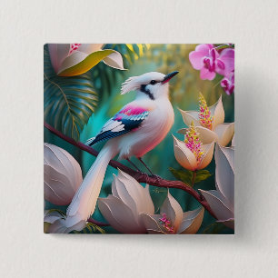 White Crested Blush Chested Fantasy Bird 2 Inch Square Button
