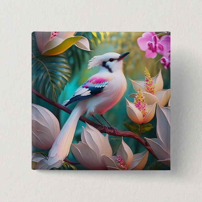 White Crested Blush Chested Fantasy Bird 2 Inch Square Button (Front)