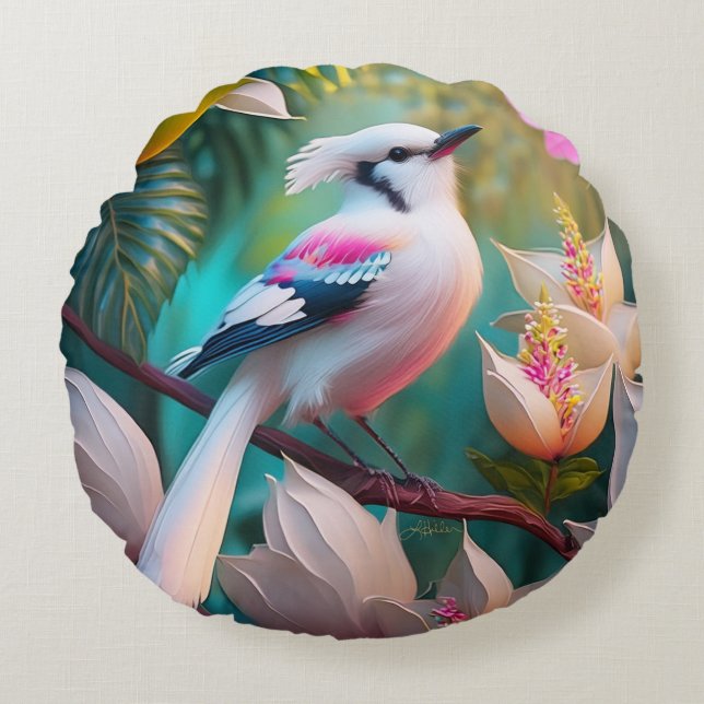 White Crested Blush Chested Fantasy Bird Round Pillow (Front)