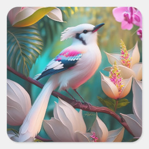White Crested Blush Chested Fantasy Bird Square Sticker