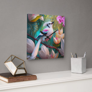 White Crested Blush Chested Fantasy Bird Square Wall Clock