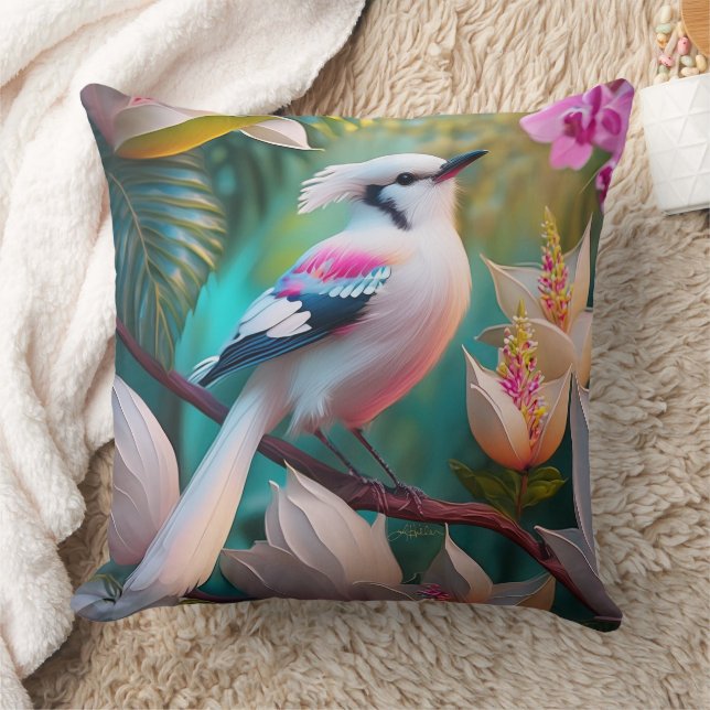 White Crested Blush Chested Fantasy Bird Throw Pillow (Blanket)