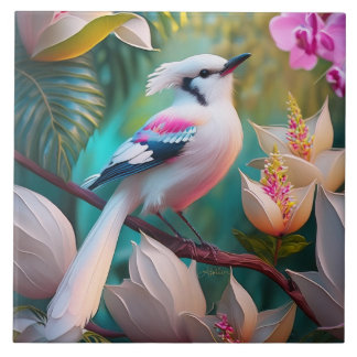 White Crested Blush Chested Fantasy Bird Tile