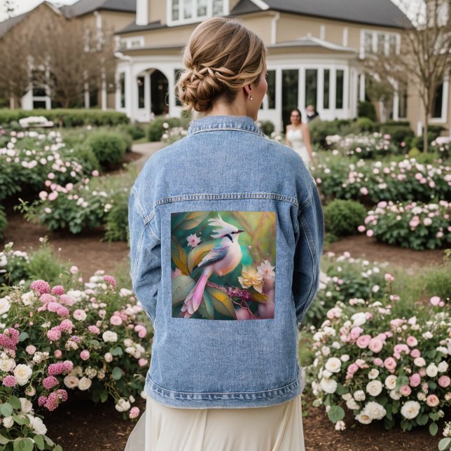 White Crested Blush Tail Jay Fantasy Bird Denim Jacket (Wedding Back)