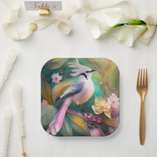 White Crested Blush Tail Jay Fantasy Bird Paper Plate