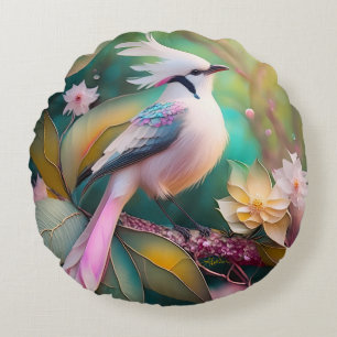 White Crested Blush Tail Jay Fantasy Bird Round Pillow