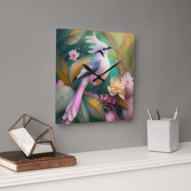 White Crested Blush Tail Jay Fantasy Bird Square Wall Clock (Office)