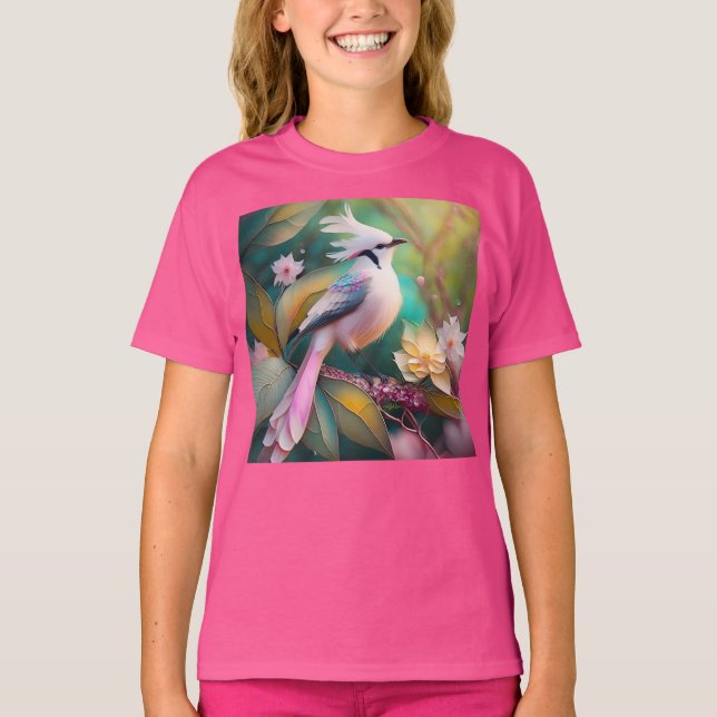 White Crested Blush Tail Jay Fantasy Bird T-Shirt (Front)