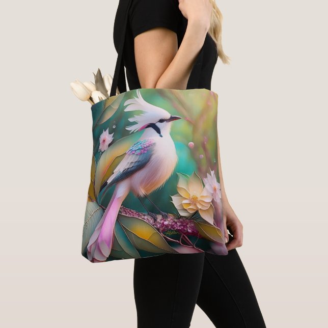 White Crested Blush Tail Jay Fantasy Bird Tote Bag (Close Up)