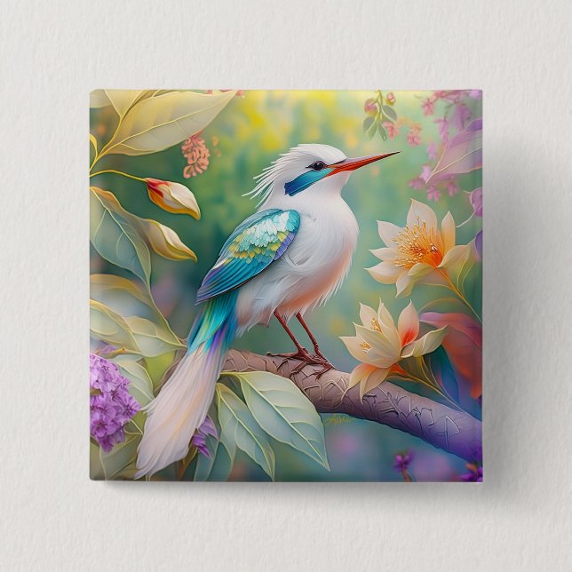 White Crested Iridescent Teal Wing Fantasy Bird 2 Inch Square Button (Front)