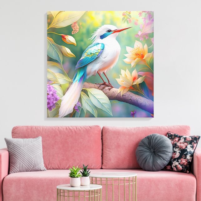 White Crested Iridescent Teal Wing Fantasy Bird Canvas Print (Insitu(LivingRoom))