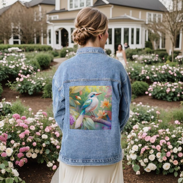 White Crested Iridescent Teal Wing Fantasy Bird Denim Jacket (Wedding Back)