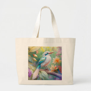 White Crested Iridescent Teal Wing Fantasy Bird Large Tote Bag