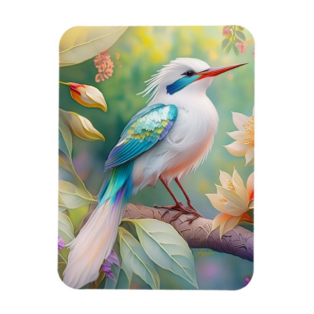 White Crested Iridescent Teal Wing Fantasy Bird Magnet (Vertical)
