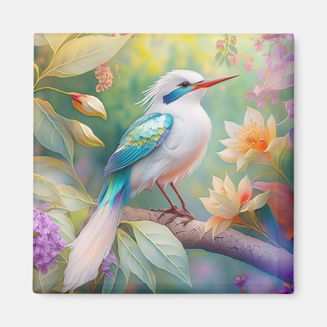 White Crested Iridescent Teal Wing Fantasy Bird Magnet (Front)