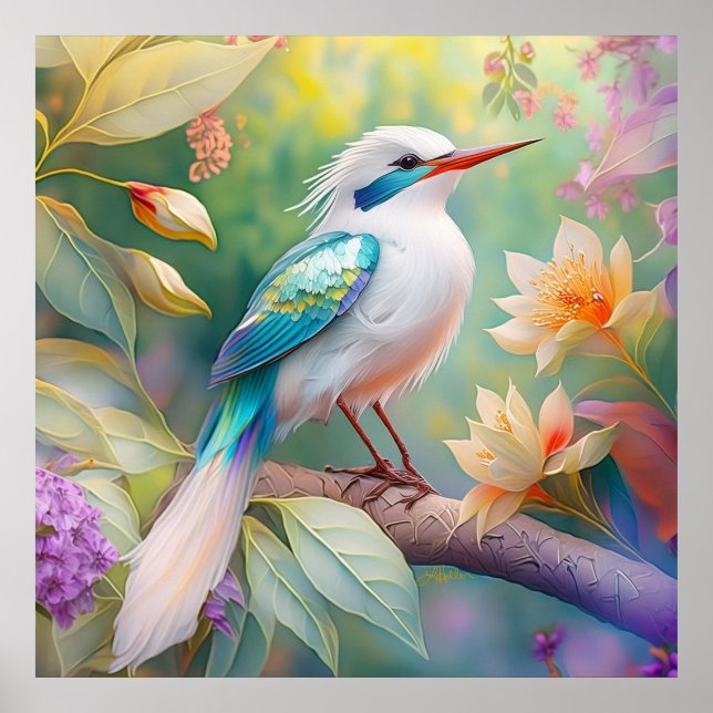 White Crested Iridescent Teal Wing Fantasy Bird Poster (Front)