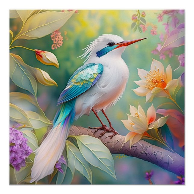 White Crested Iridescent Teal Wing Fantasy Bird Poster (Front)