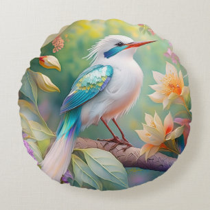 White Crested Iridescent Teal Wing Fantasy Bird Round Pillow