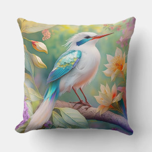 White Crested Iridescent Teal Wing Fantasy Bird Throw Pillow