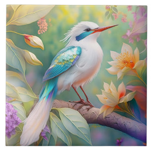 White Crested Iridescent Teal Wing Fantasy Bird Tile