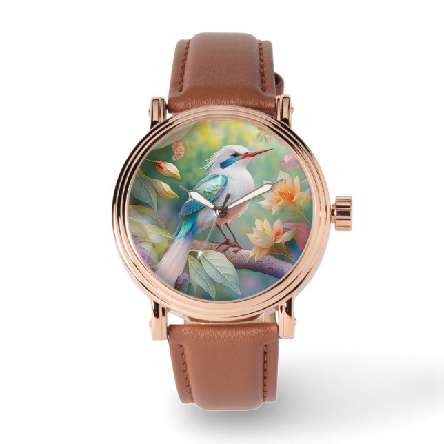 White Crested Iridescent Teal Wing Fantasy Bird Watch (Front)