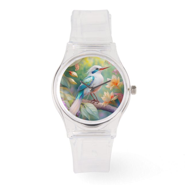 White Crested Iridescent Teal Wing Fantasy Bird Watch (Front)