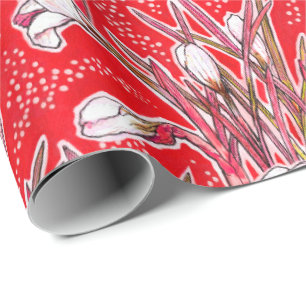 White Crocuses Garden Flowers Botanic Floral Red Wrapping Paper