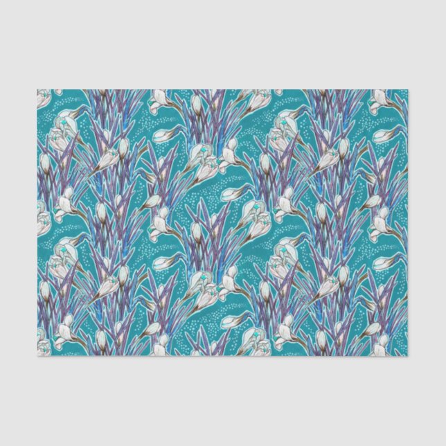 White Crocuses Garden Flowers Botanic Floral Teal Tissue Paper (Front)